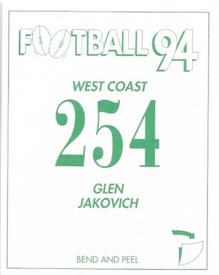 1994 Select AFL Stickers #254 Glen Jakovich Back